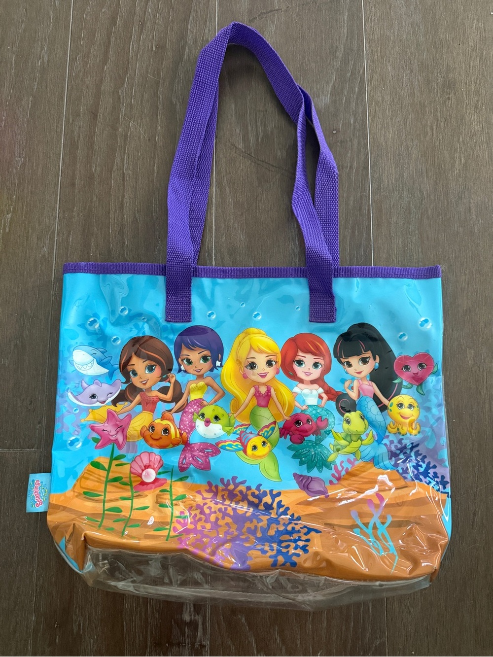 🌸🧜🏽‍♀️ Kids Mermaid Beach Tote Bag with Purple Handles 🌸